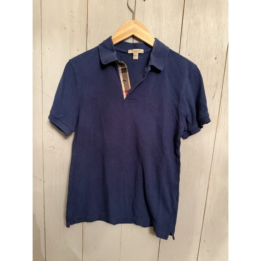 BURBERRY BRIT Short Sleeve COTTON Knit Polo Shirt Sz-S Men's Navy Blue‎ LOGO